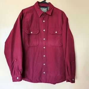 LL Bean Button Snap Burgundy Quilted Lined Shirt Jacket M Rugged Outdoorsman